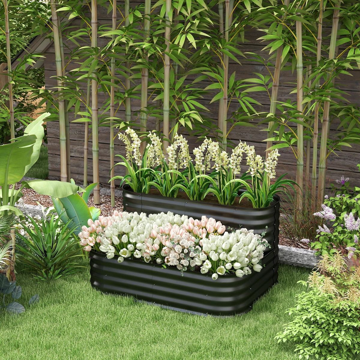 OUTSUNNY Carré potager jardinière 2 niveaux tôle acier ondulée noir