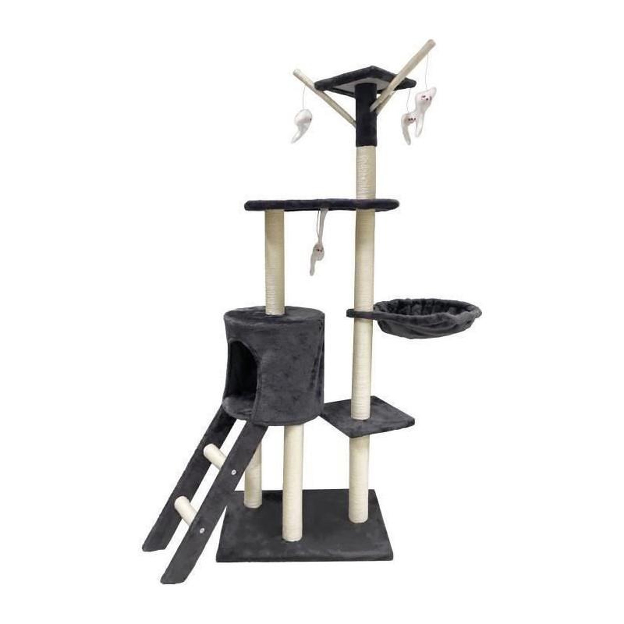 GENERIQUE Arbre a chat - 79 x 34 x 138 cm - JIPSY - Gris foncé - 3 plateformes, 1 perchoir, 1 niche, 1 escalier, poteaux a griffer