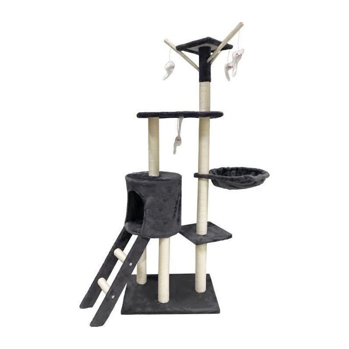 GENERIQUE Arbre a chat - 79 x 34 x 138 cm - JIPSY - Gris foncé - 3 plateformes, 1 perchoir, 1 niche, 1 escalier, poteaux a griffer