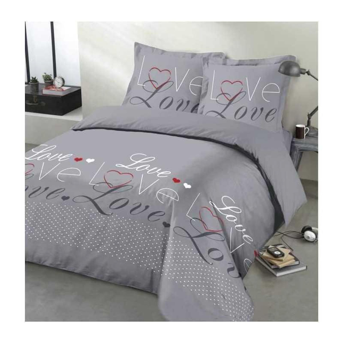 VISION VISION Parure de couette Love - 100% coton - 1 housse de couette 240 x 220 cm + 2 taies d'oreiller 65 x 65 cm - Gris