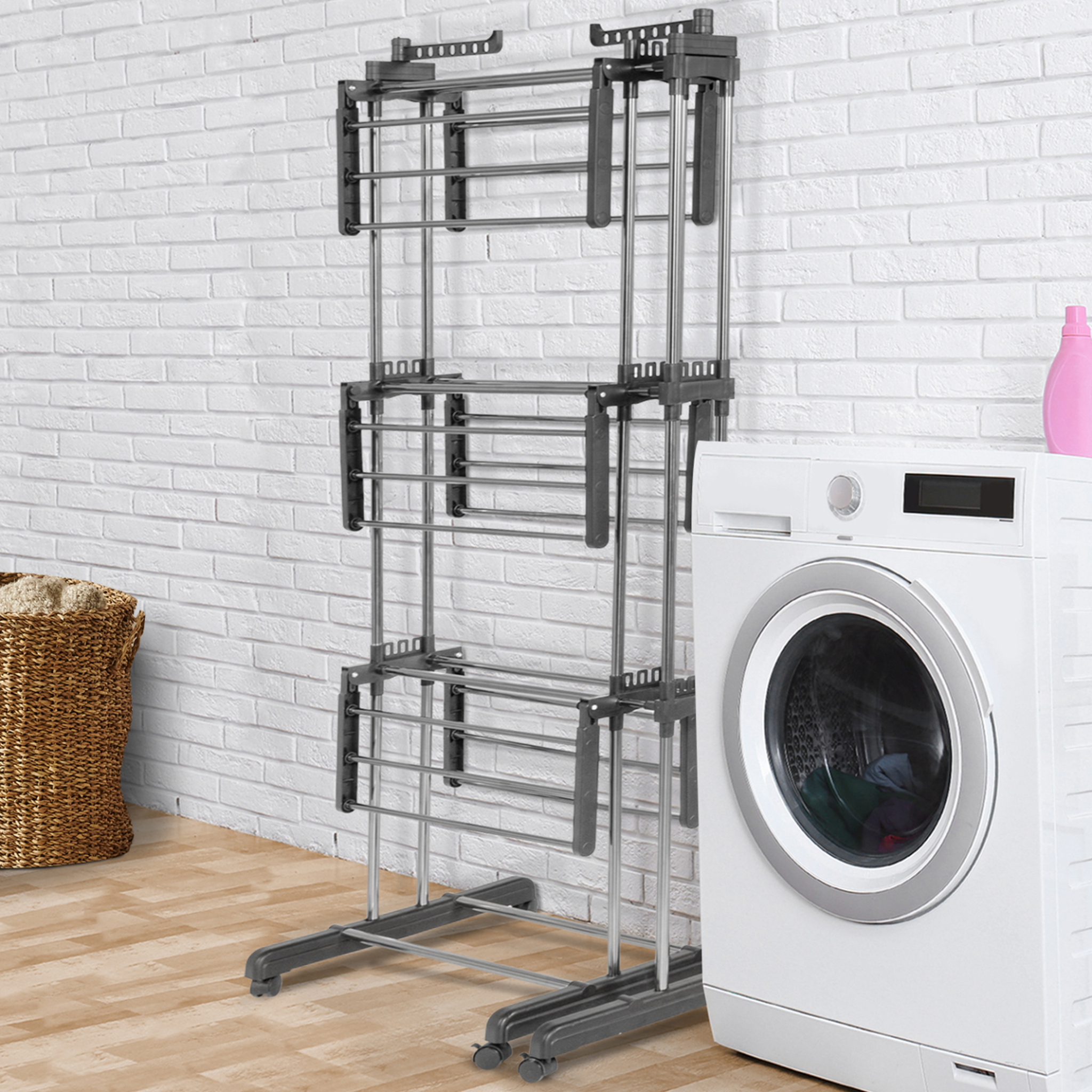 Voir la diapositive 3 : ID MARKET Séchoir à linge vertical pliable et extensible 3 niveaux giga capacité 27m avec cintres et pinces inox et gris