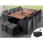 BEST MOBILIER Cuba - salon de jardin encastrable 12 places - en résine tressée - noir avec coussins gris + housse de protection. Coloris disponibles : Bicolore