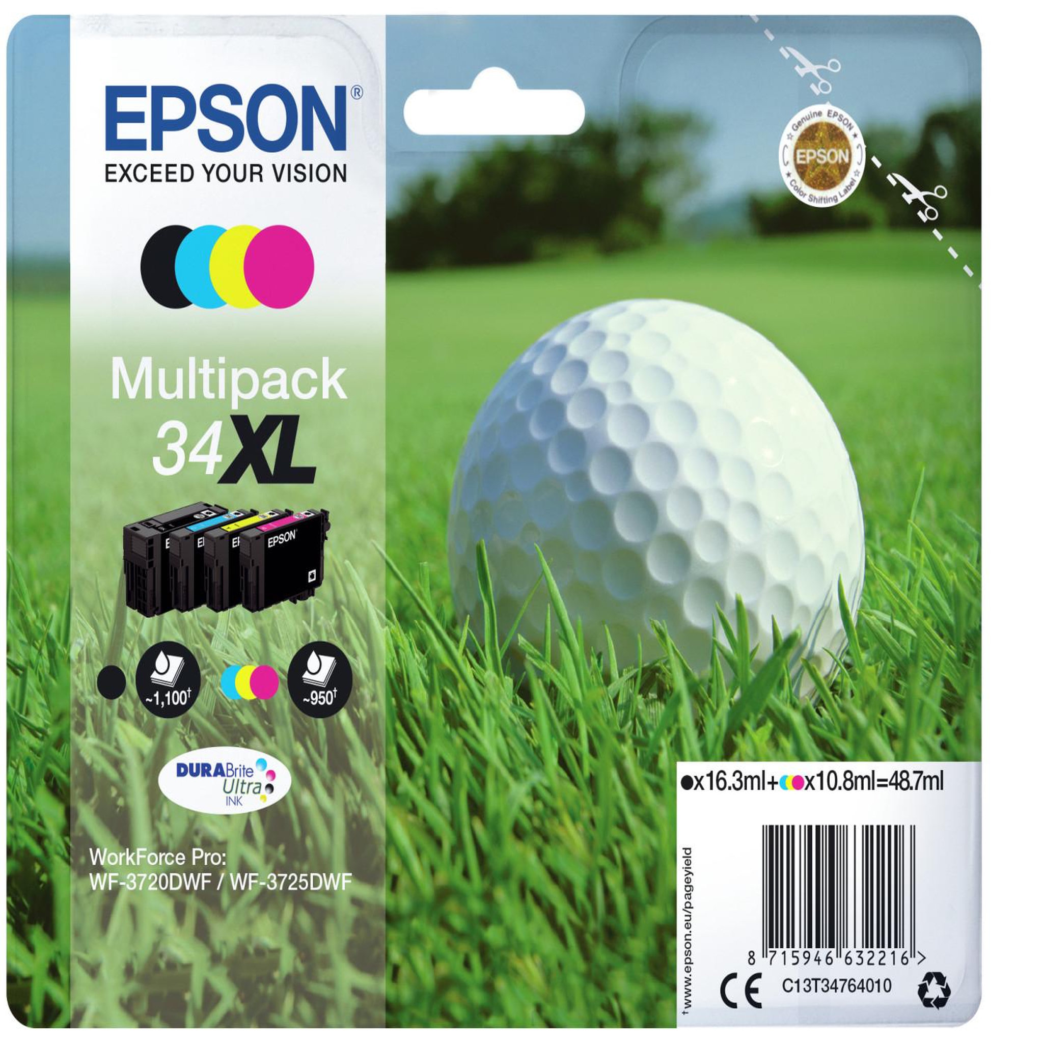 Voir la diapositive 3 : Epson Cartouche d'encre Pack Multipack 4 Originales T3476 XL (Noir + 3 Couleurs) - C13T34764010
