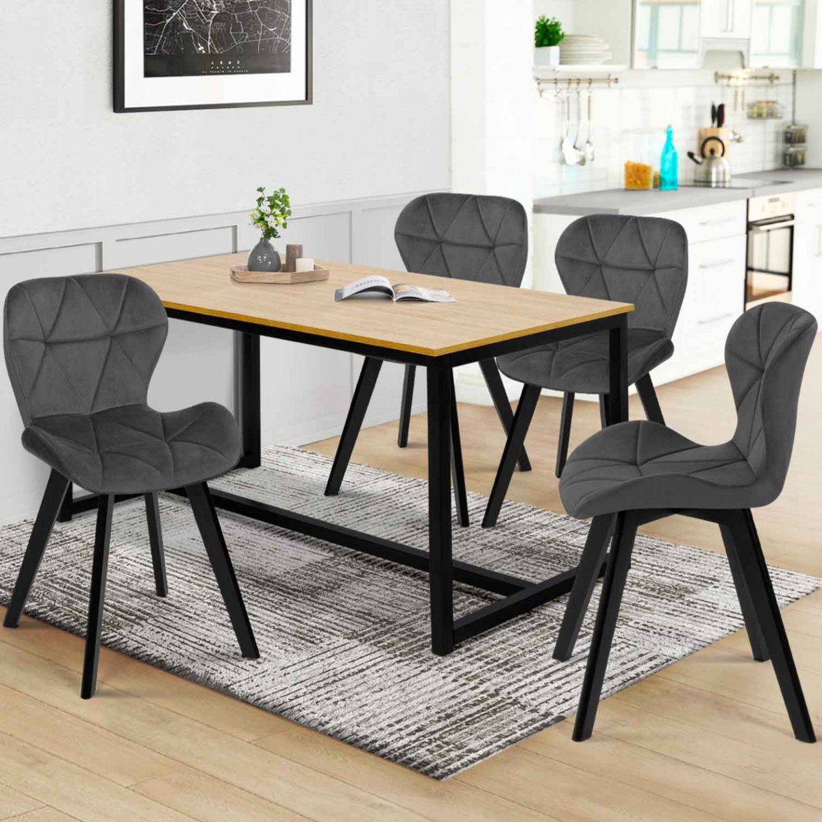 ID MARKET Lot de 4 chaises ROBINE en velours gris foncé pieds noirs