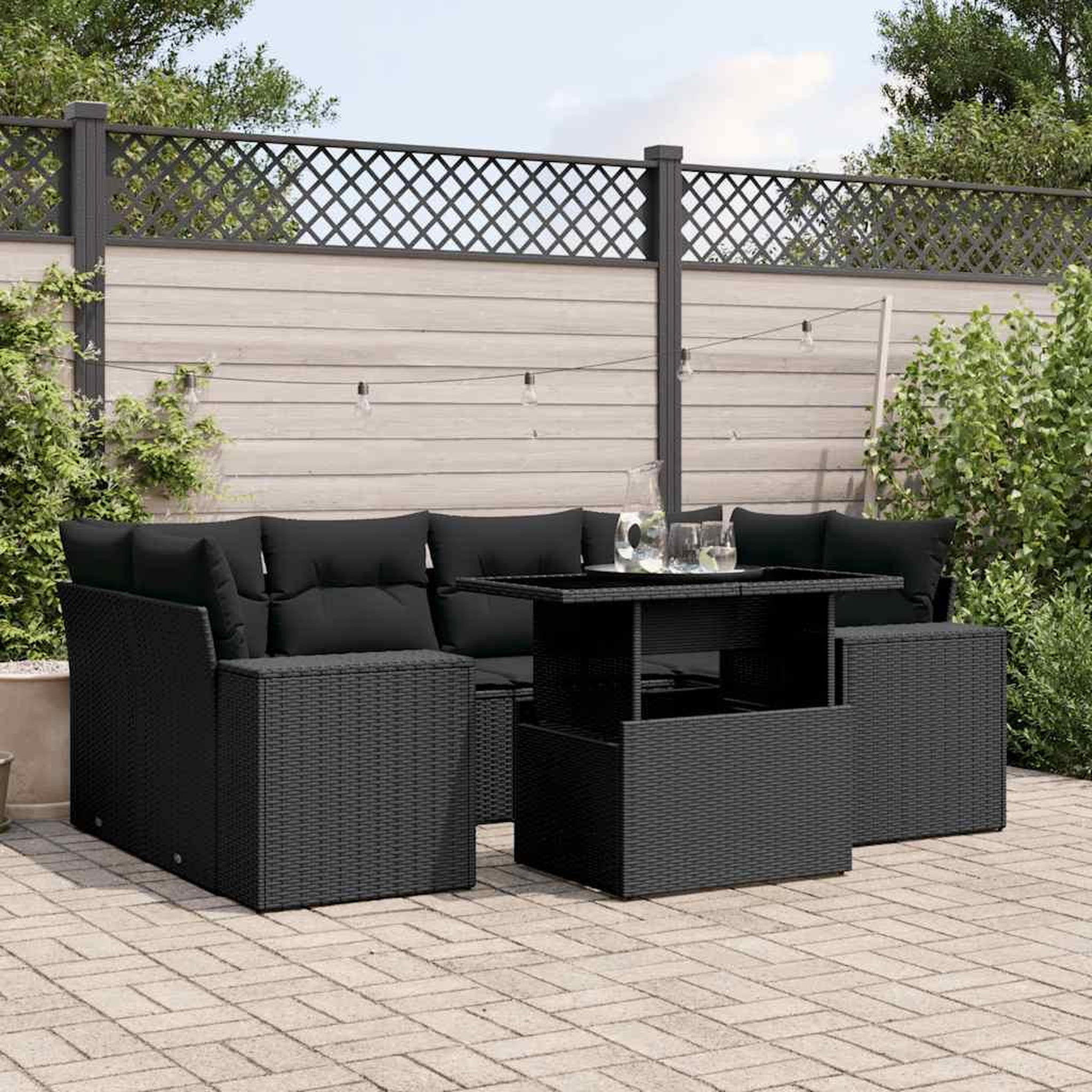 VIDAXL Salon de jardin 7 pcs avec coussins noir resine tressee