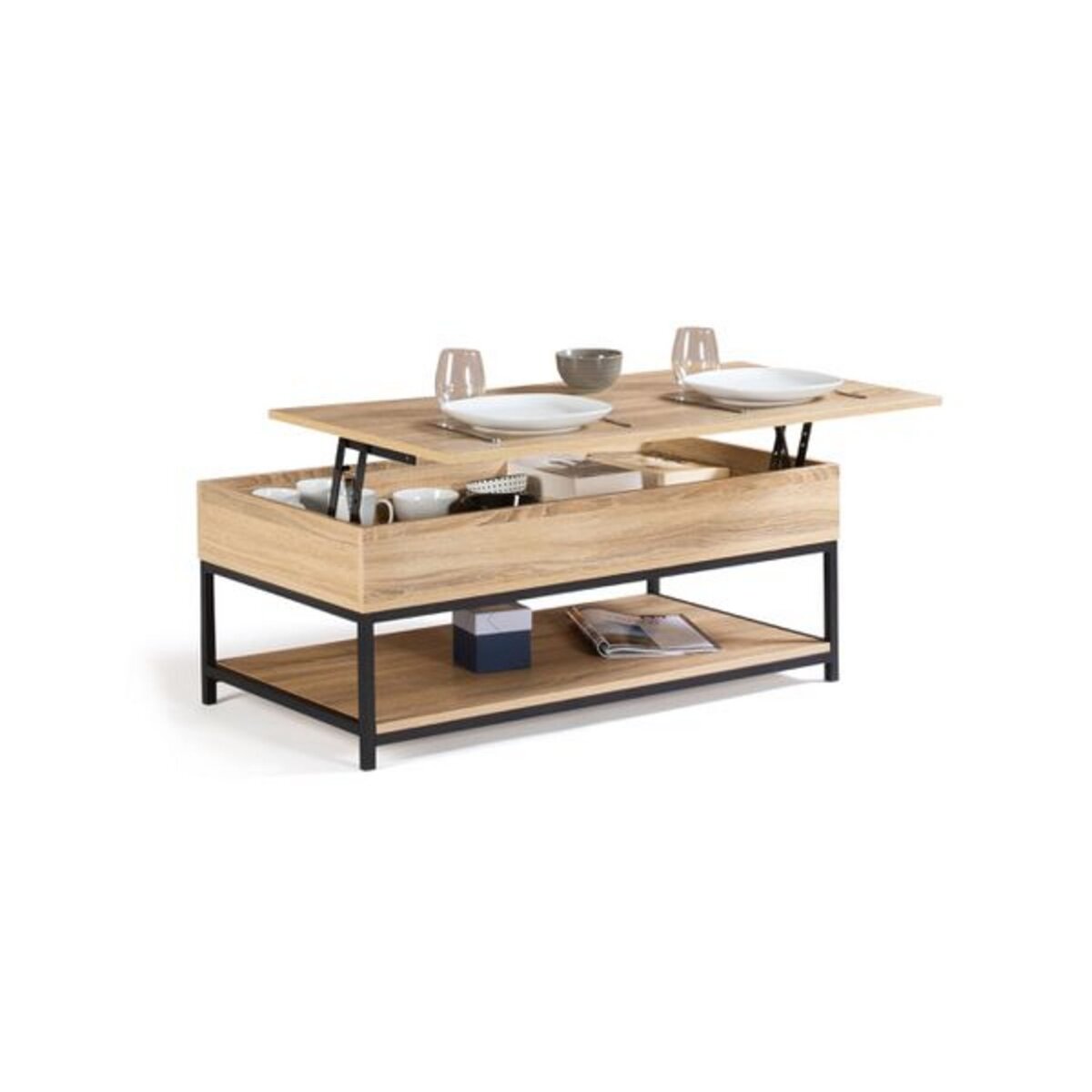 Table basse plateau relevable style industriel bois et métal L100cm  HOUSTON