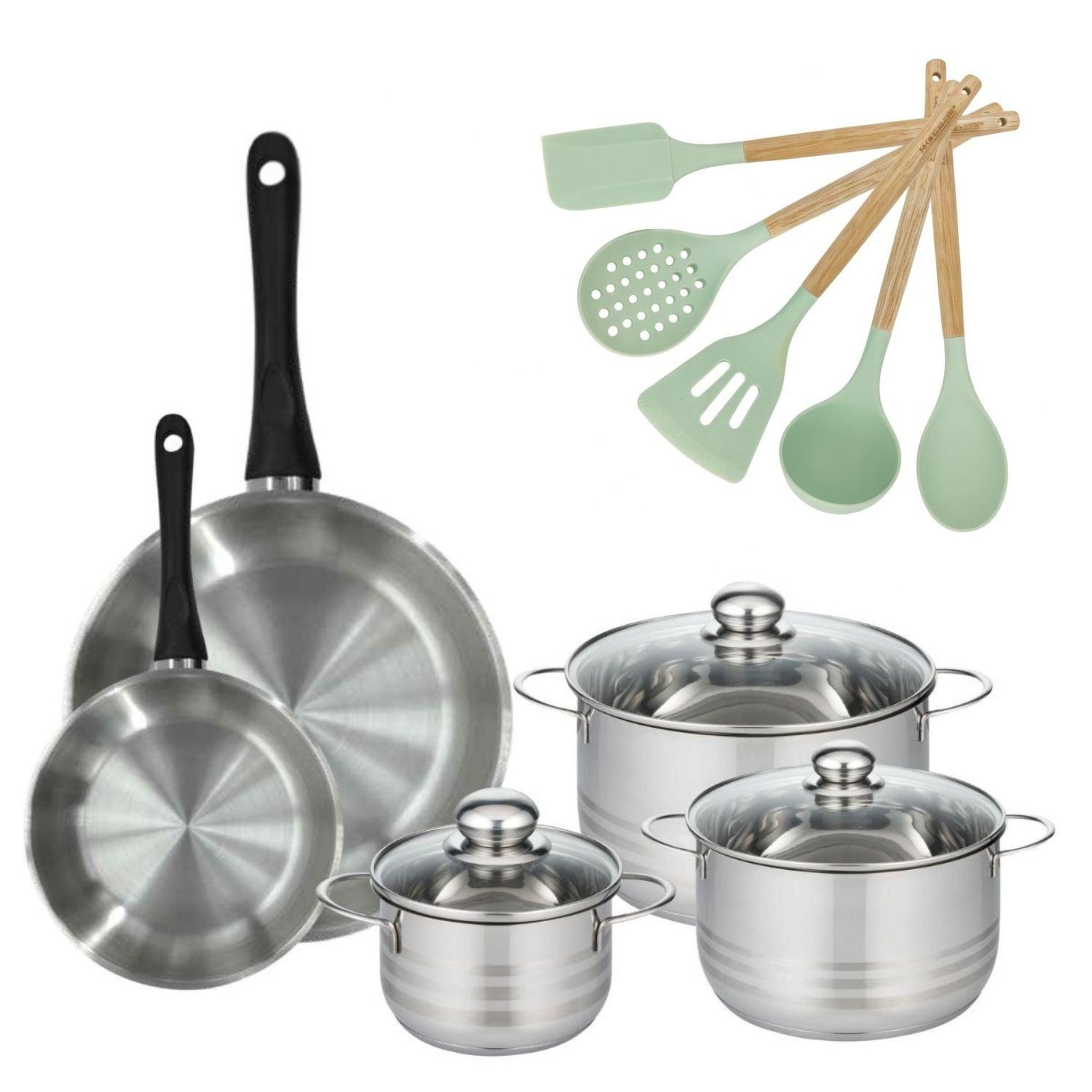 Fackelmann Batterie de cuisine avec 3 faitouts 16/20/24 cm et 2 poêles 20/28 cm et 5 ustensiles de cuisine sans pfas fackelmann généva brillant ocean