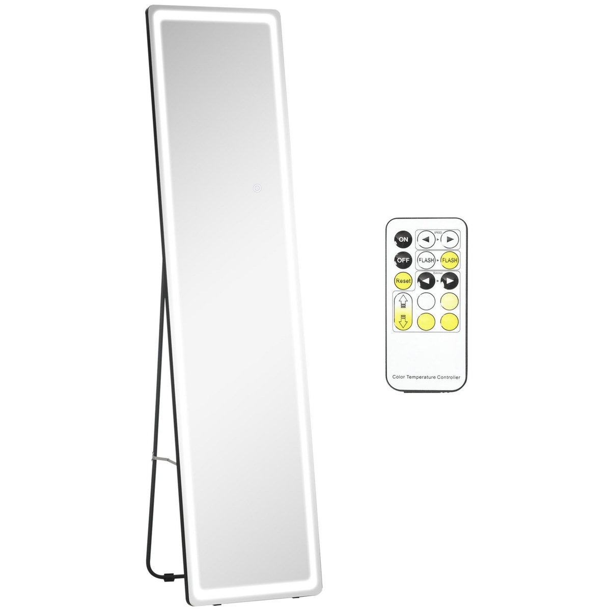 HOMCOM Miroir LED sur pied ou mural au choix - intensité et couleur réglable - télécommande incluse - verre alu. noir