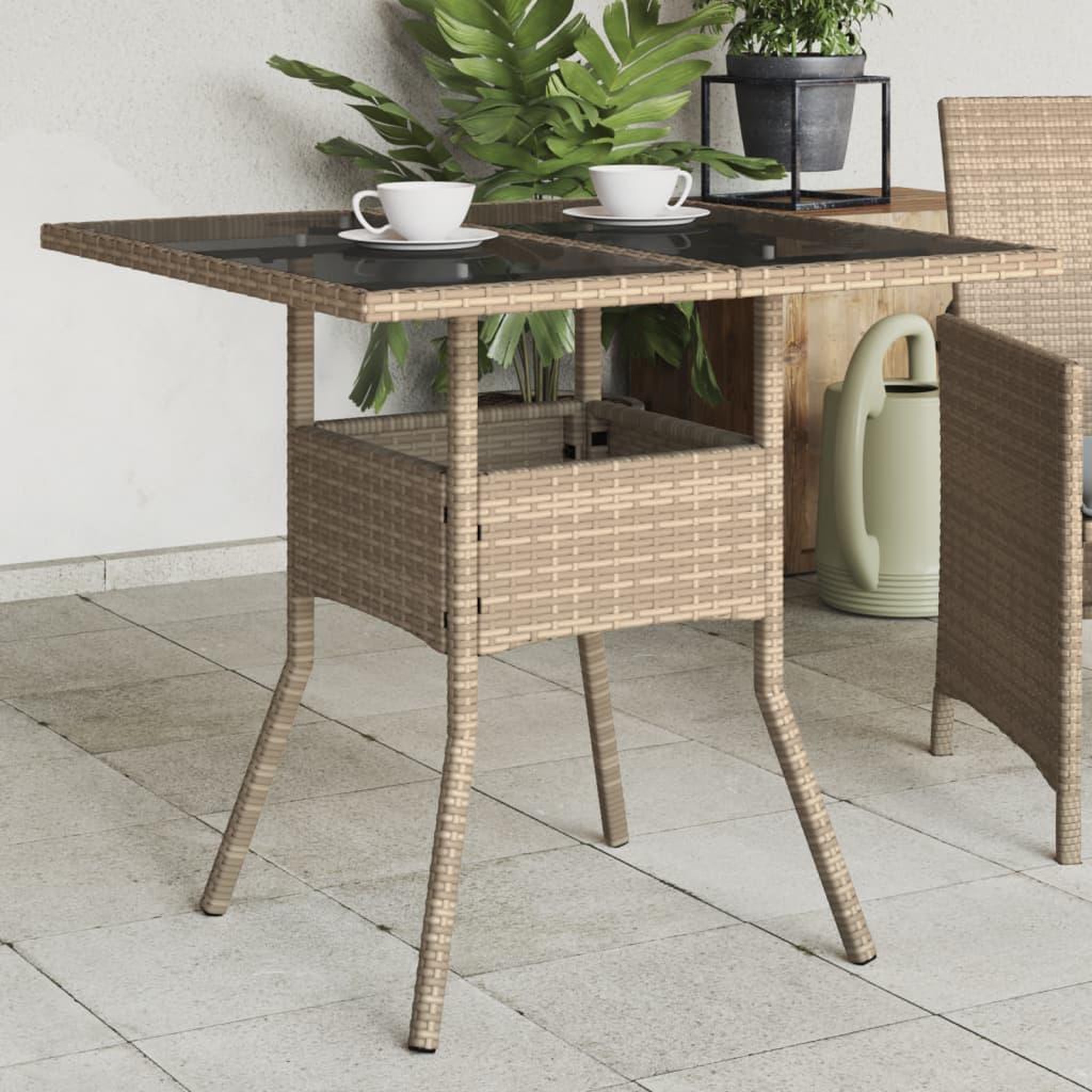 VIDAXL Table de jardin dessus en verre beige 80x80x75cm resine tressee