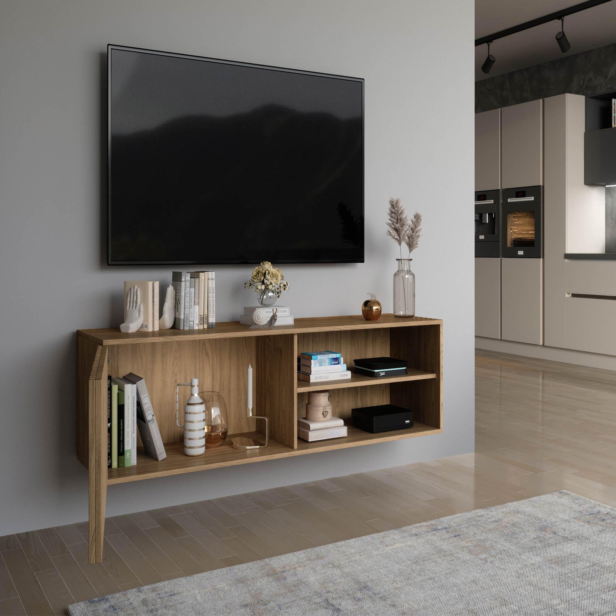 Voir la diapositive 2 : BEST MOBILIER Portmore - meuble tv suspendu - effet bois - 2 niches et 1 porte - 150 cm