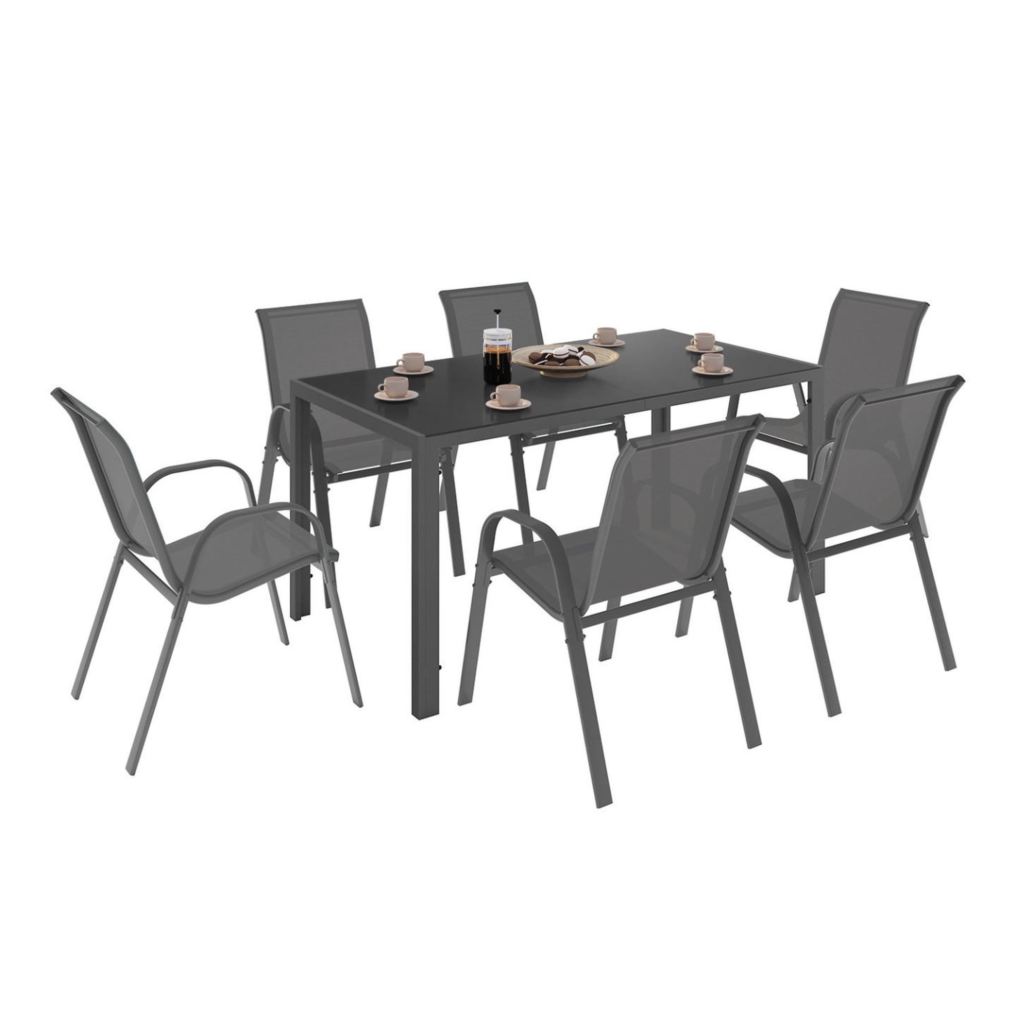 ID MARKET Salon de jardin madrid table 150 cm et 6 chaises empilables gris anthracite