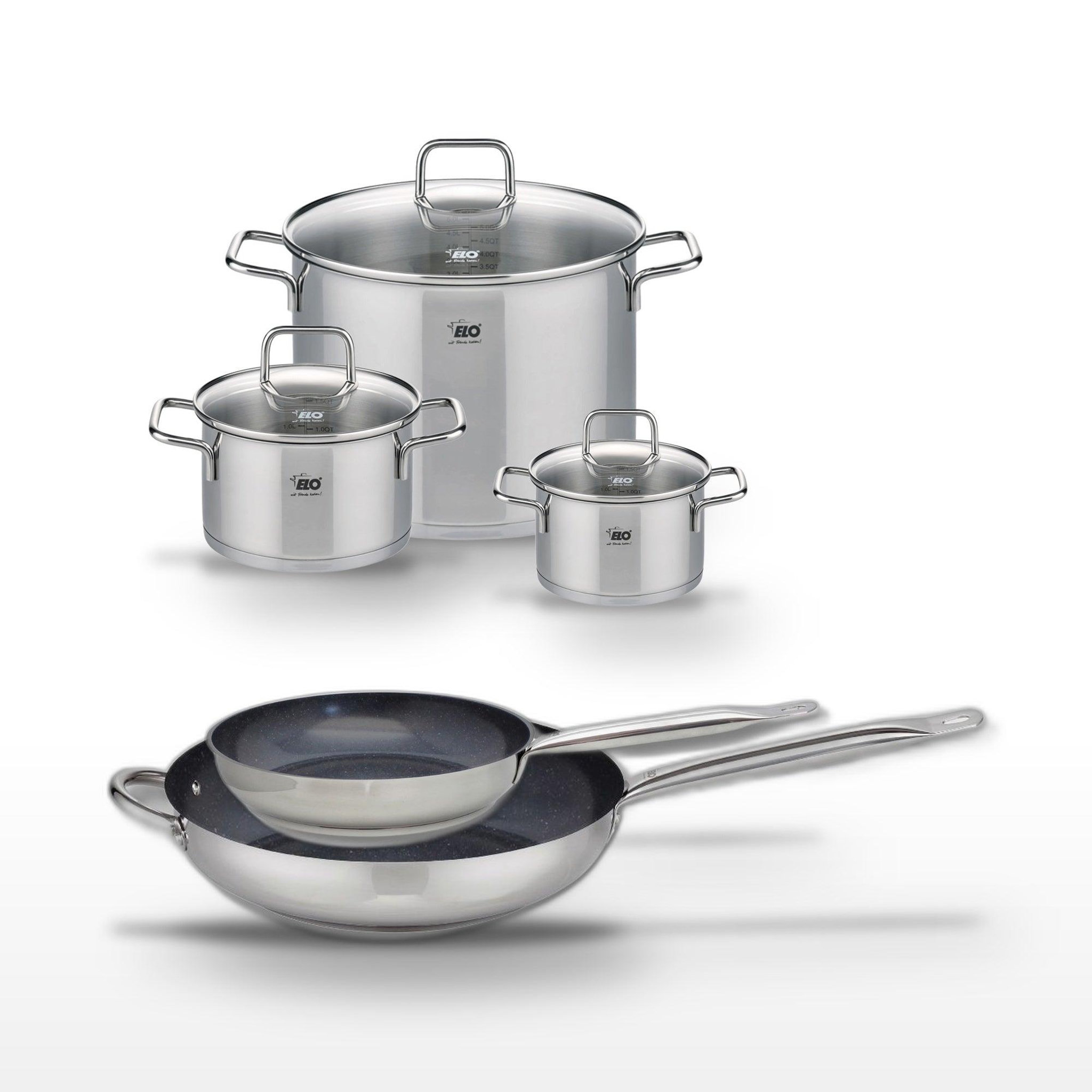 ELO Lot 2 poêles 24/32cm & 3 faitouts 16/20/26cm elo profi therm platinum