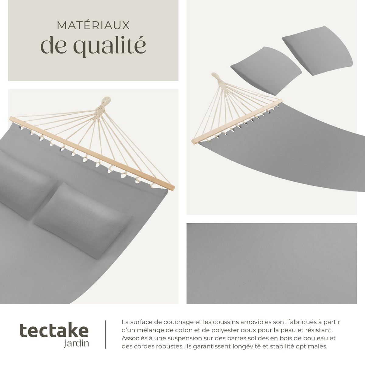 tectake Hamac avec barres d'expansion pour 2 personnes gris clair