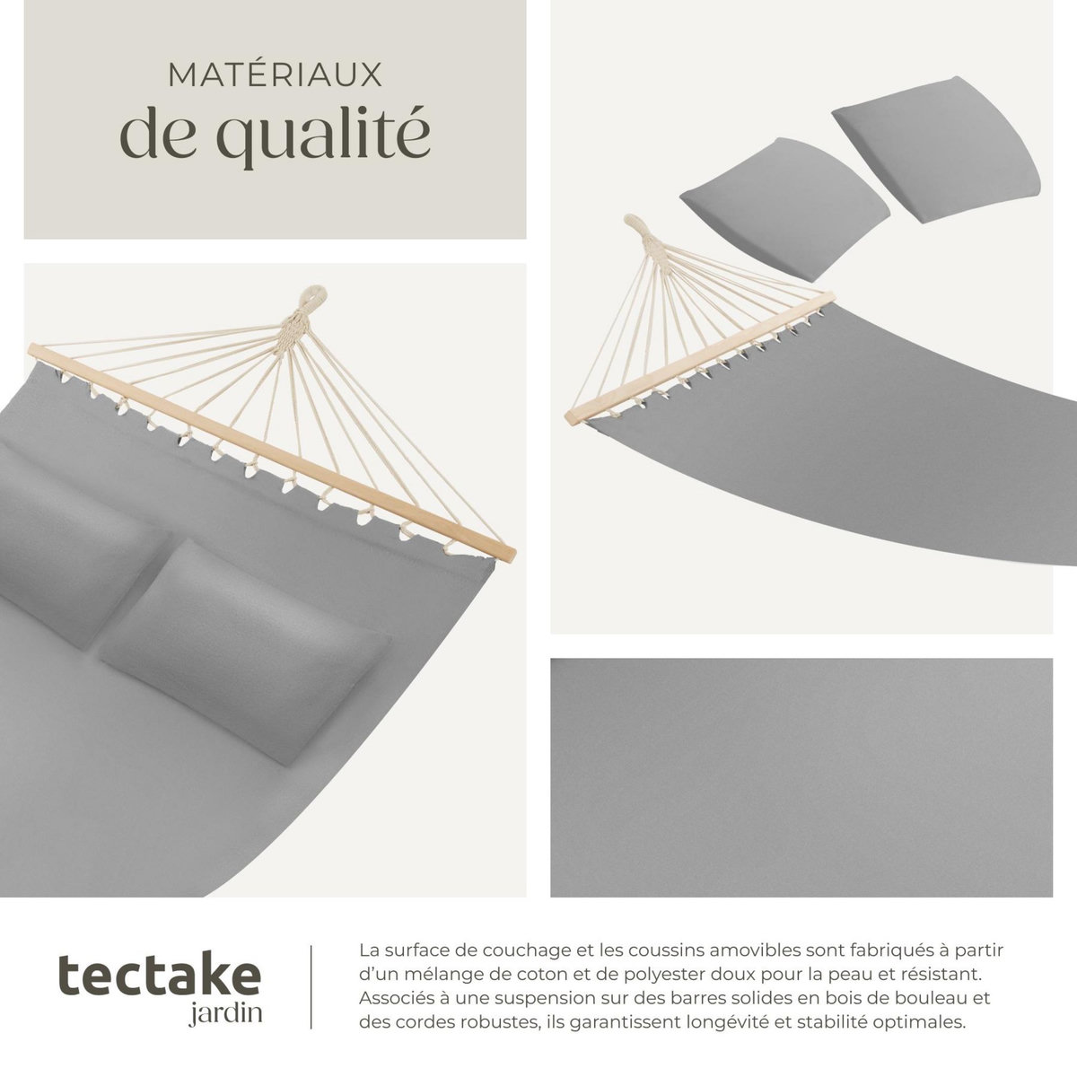 tectake Hamac avec barres d'expansion pour 2 personnes gris clair