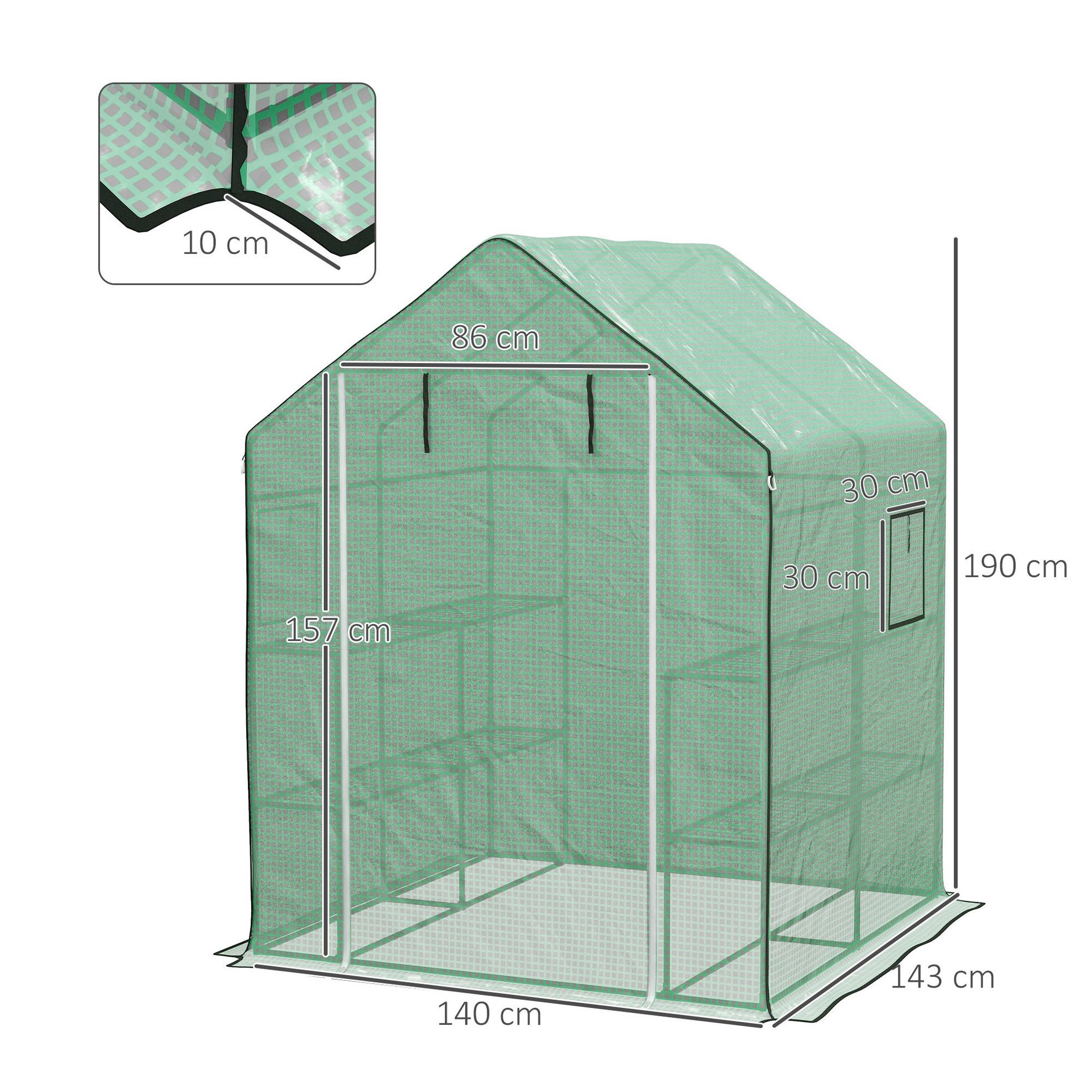 Voir la diapositive 3 : OUTSUNNY Serre de jardin 4 tablettes dim. 1,4l x 1,43l x 1,9h m porte déroulante fenêtre acier pe haute densité vert