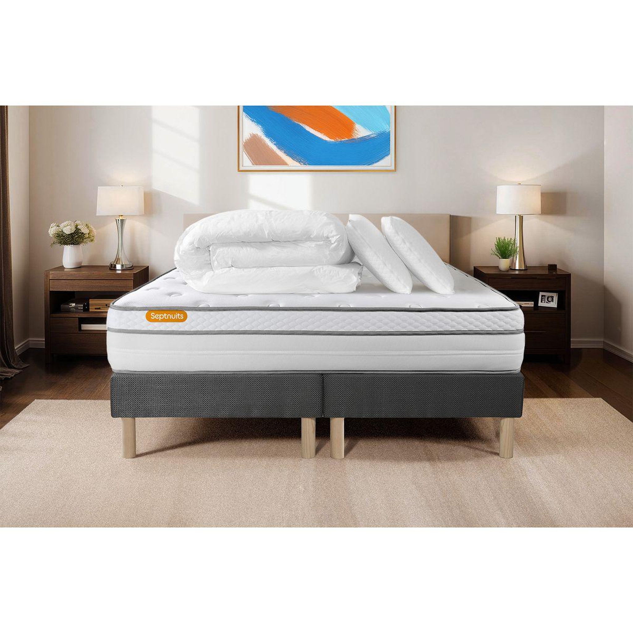 Voir la diapositive 1 : SEPTNUITS Pack matelas + double sommiers gris  Memo Luxe Ressorts ensachés + mémoire de forme 5 zones de confort