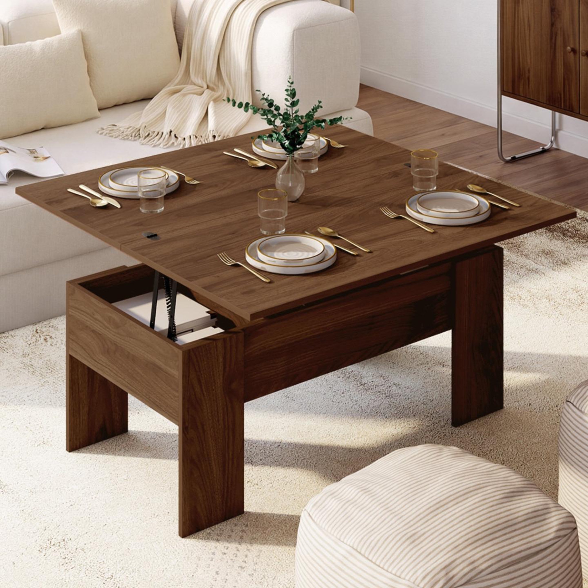Voir la diapositive 2 : ID MARKET Table basse plateau relevable rectangulaire convertible en table à manger TARA 100 cm bois effet noyer