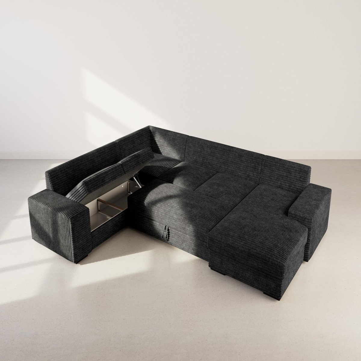 BEST MOBILIER Lorie - canapé panoramique d'angle gauche 7 places convertible en velours côtelé grosse côte avec coffre