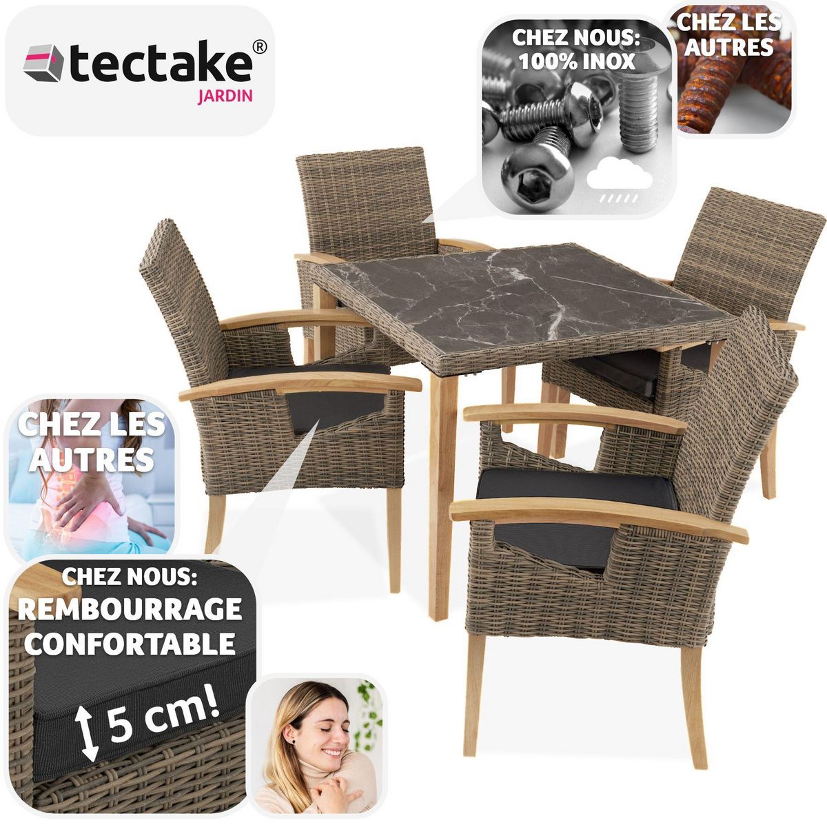 tectake Ensemble table en rotin avec 4 chaises avec cadre solide en bois marron naturel