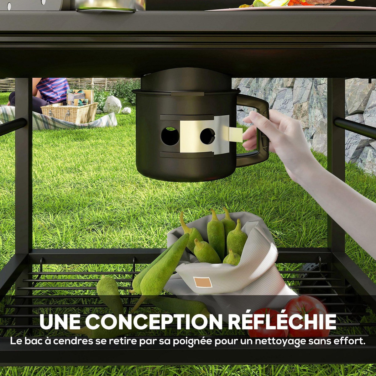 OUTSUNNY Barbecue charbon de bois avec couvercle 2 roues - 2 tablettes pliables, étagère, thermomètre - acier noir