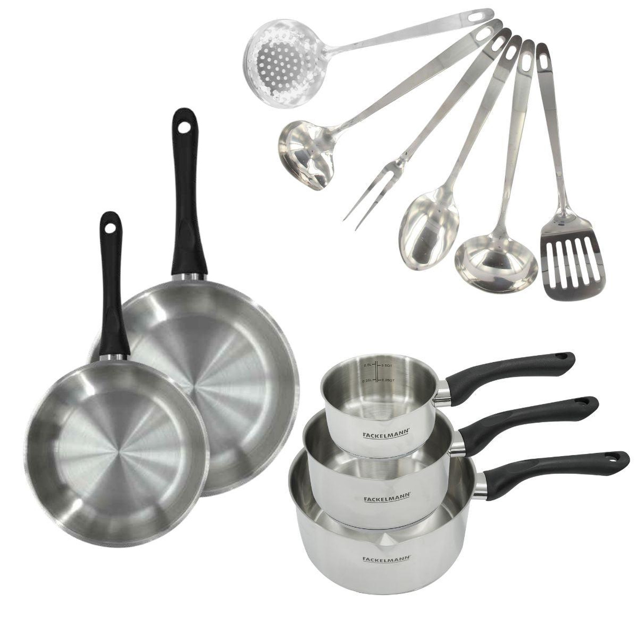 Fackelmann Set 2 poêles 20 et 24 cm, 3 casseroles en inox et 6 ustensiles inox fackelmann geneva
