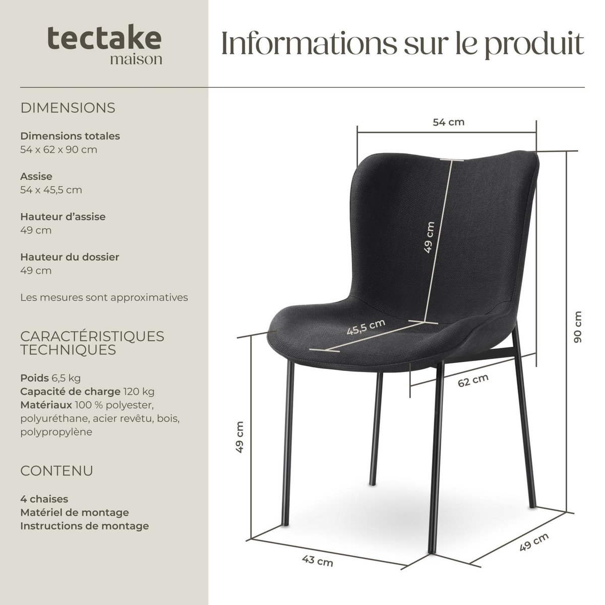 tectake Chaise rembourrée forme ergonomique avec dossier haut Tissu noir/noir Lot de 4