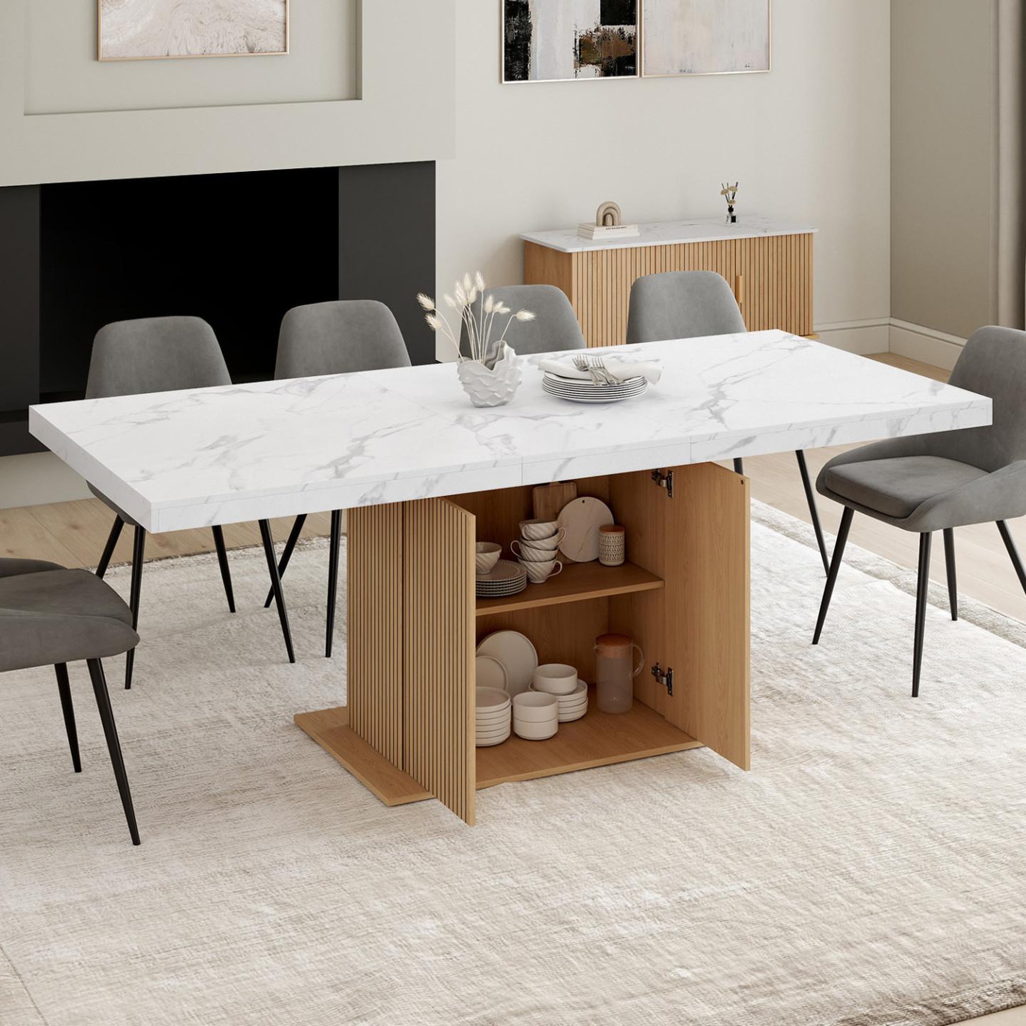 Voir la diapositive 2 : ID MARKET Table à manger extensible rectangle juliette 6-10 personnes plateau effet marbre lattes tasseau bois avec rangement 160-200 cm