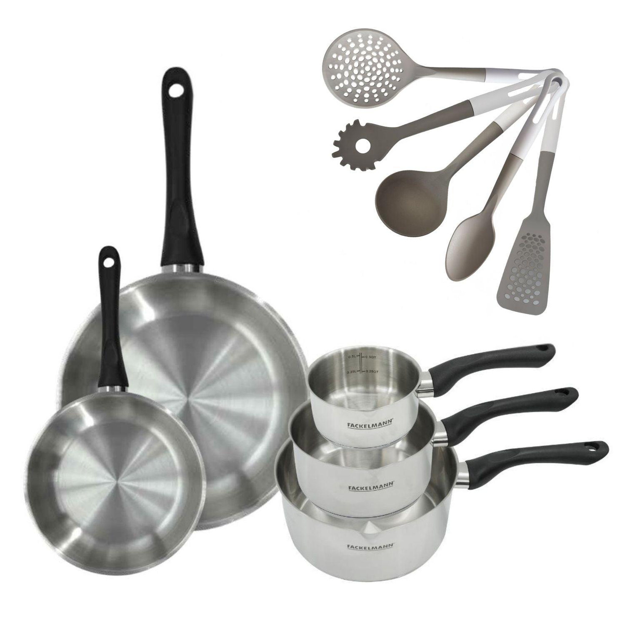 Fackelmann Batterie de cuisine avec 3 casseroles 12/16/20 cm et 2 poêles 20/28 cm et 5 ustensiles de cuisine fackelmann généva vario