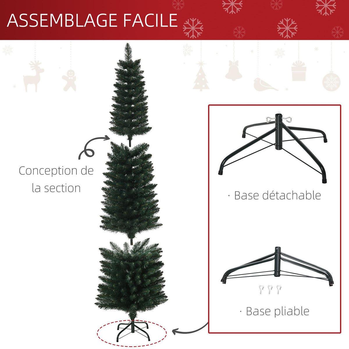 HOMCOM Sapin de Noël artificiel mince dia. 56xH.180 cm 380 branches grand réalisme support métal pliable antidérapant
