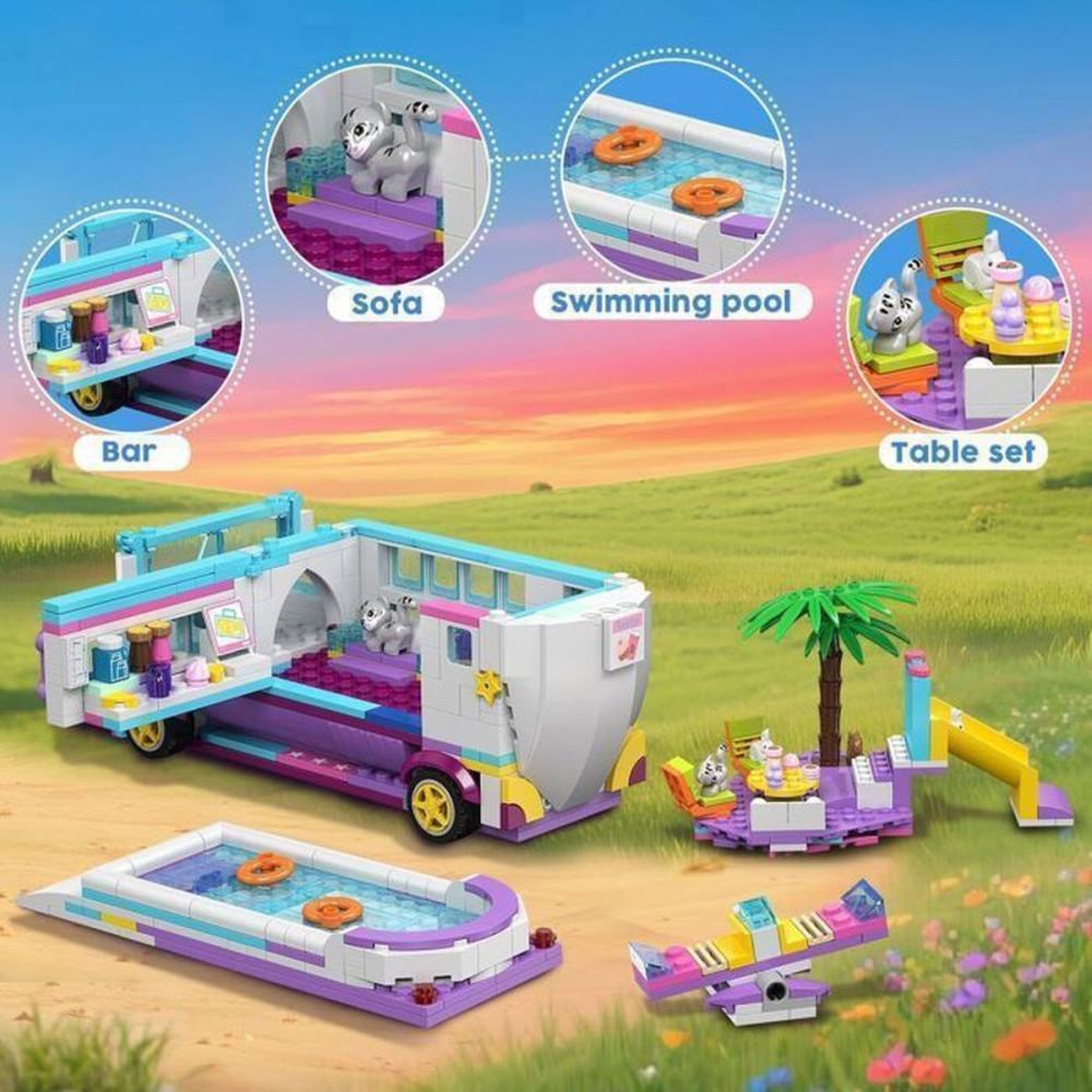 Voir la diapositive 3 : Jeu de construction 3-en-1 808 pièces avion, bateau ou camping-car avec 6 figurines animales, couleur violette