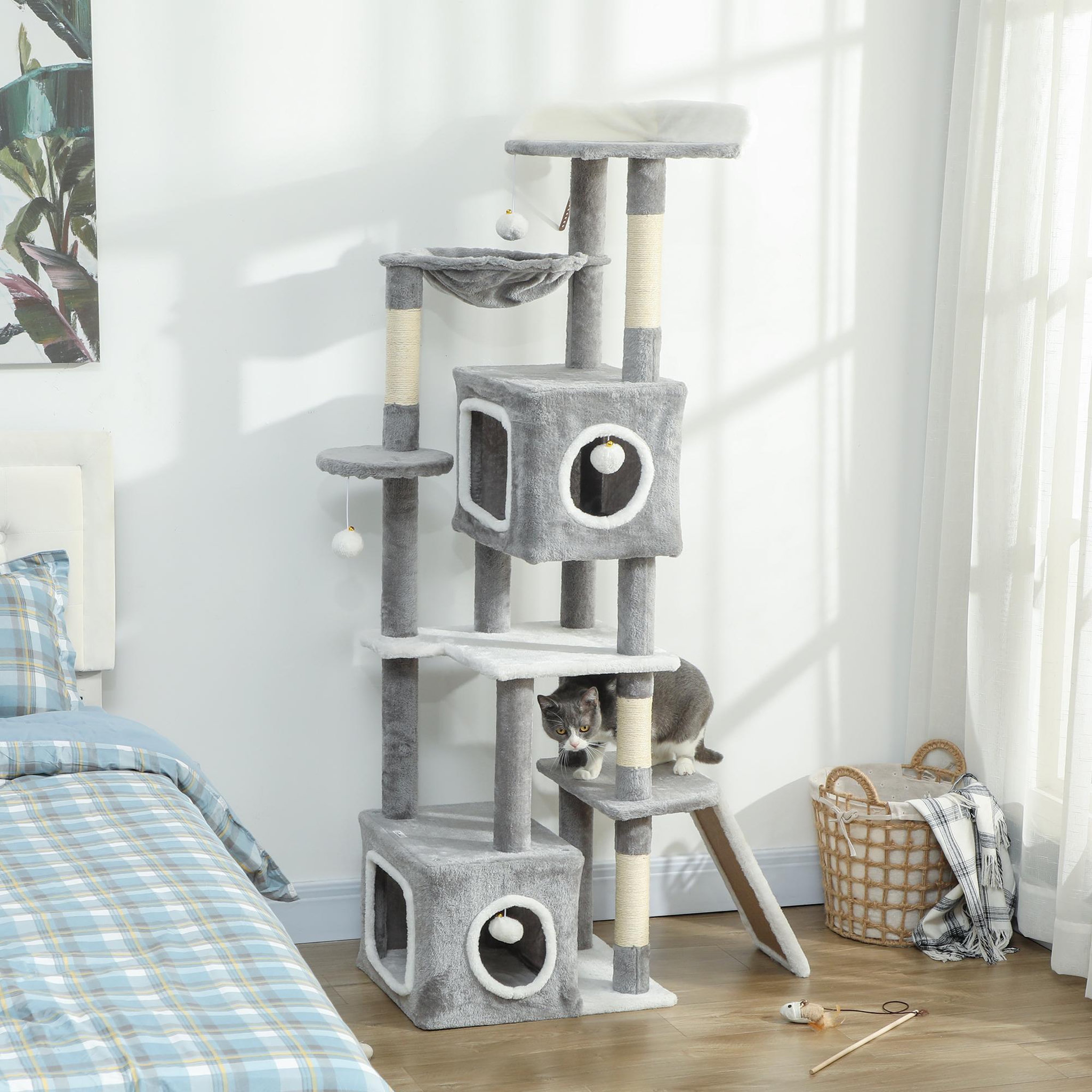 Voir la diapositive 2 : PAWHUT Arbre à chat design grande taille h.165cm équipements jeux multiples sisal naturel peluche gris blanc