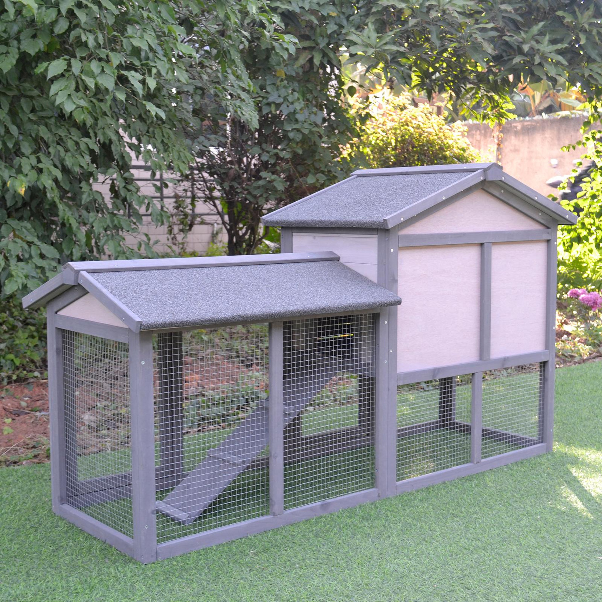 Voir la diapositive 6 : PAWHUT Clapier cage à lapins rongeurs 2 niveaux 3 portes verrouillables tiroir à déjection toit intégral bitumé 147l x 54l x 84h cm bois massif pin gris blanc