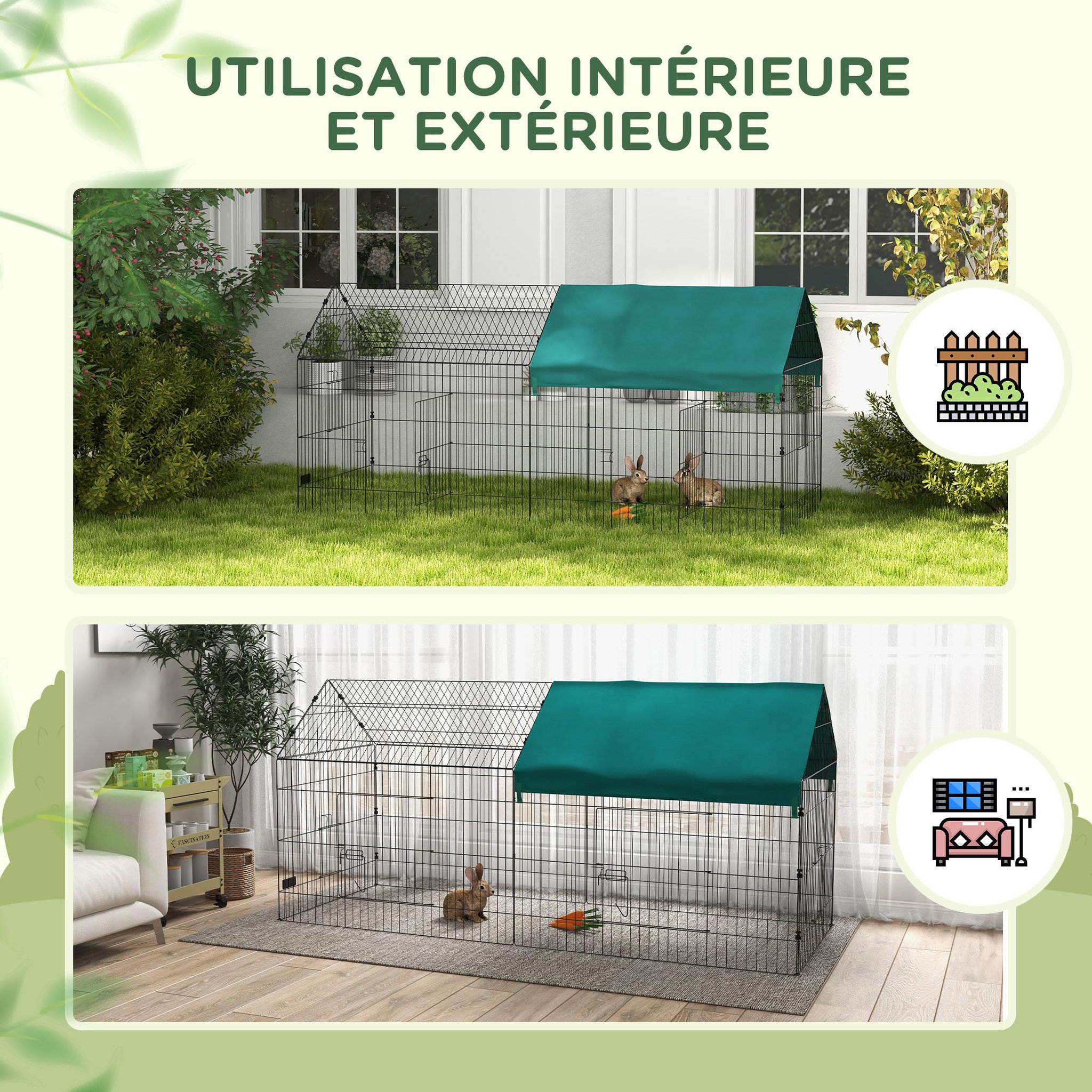 Voir la diapositive 5 : PAWHUT Parc enclos petits animaux - 2 portes, 2 trappes nourrissages, zone couverte - acier noir polyester vert