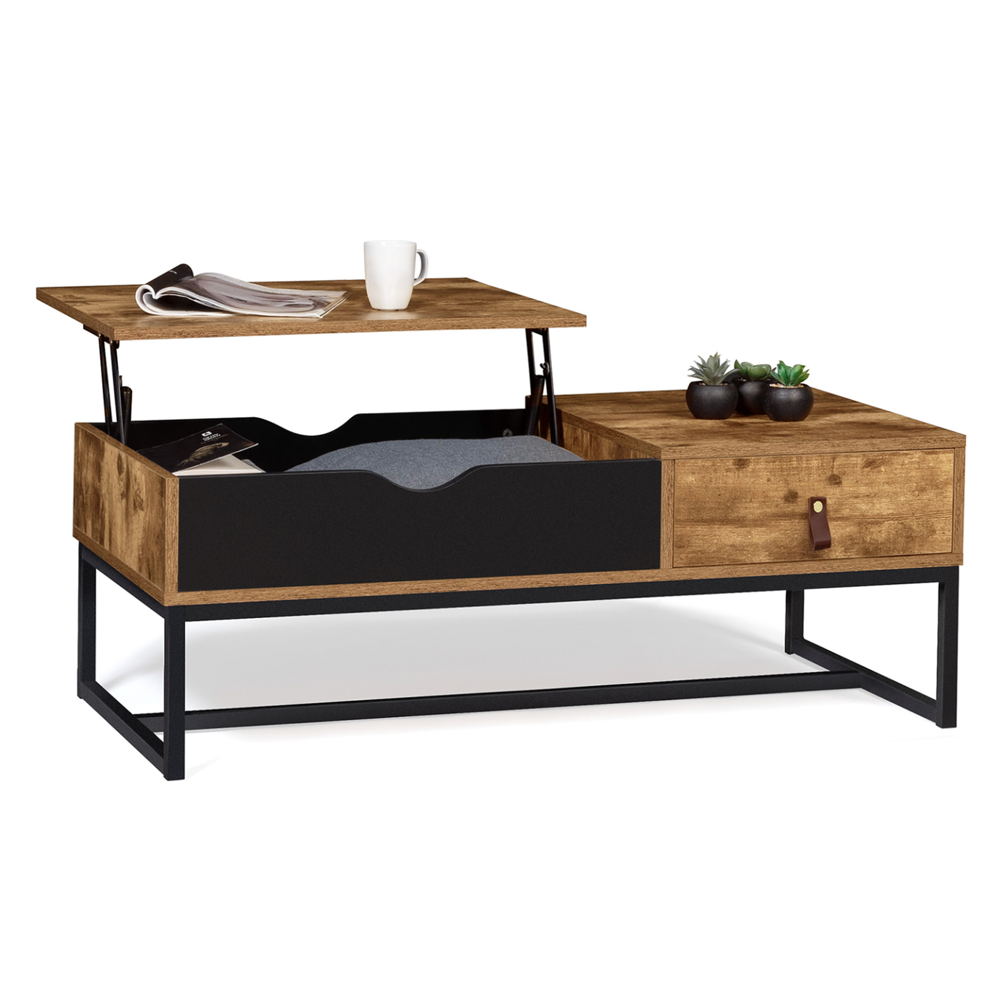 ID MARKET Table basse plateau relevable rectangulaire chicago 1 tiroir design industriel
