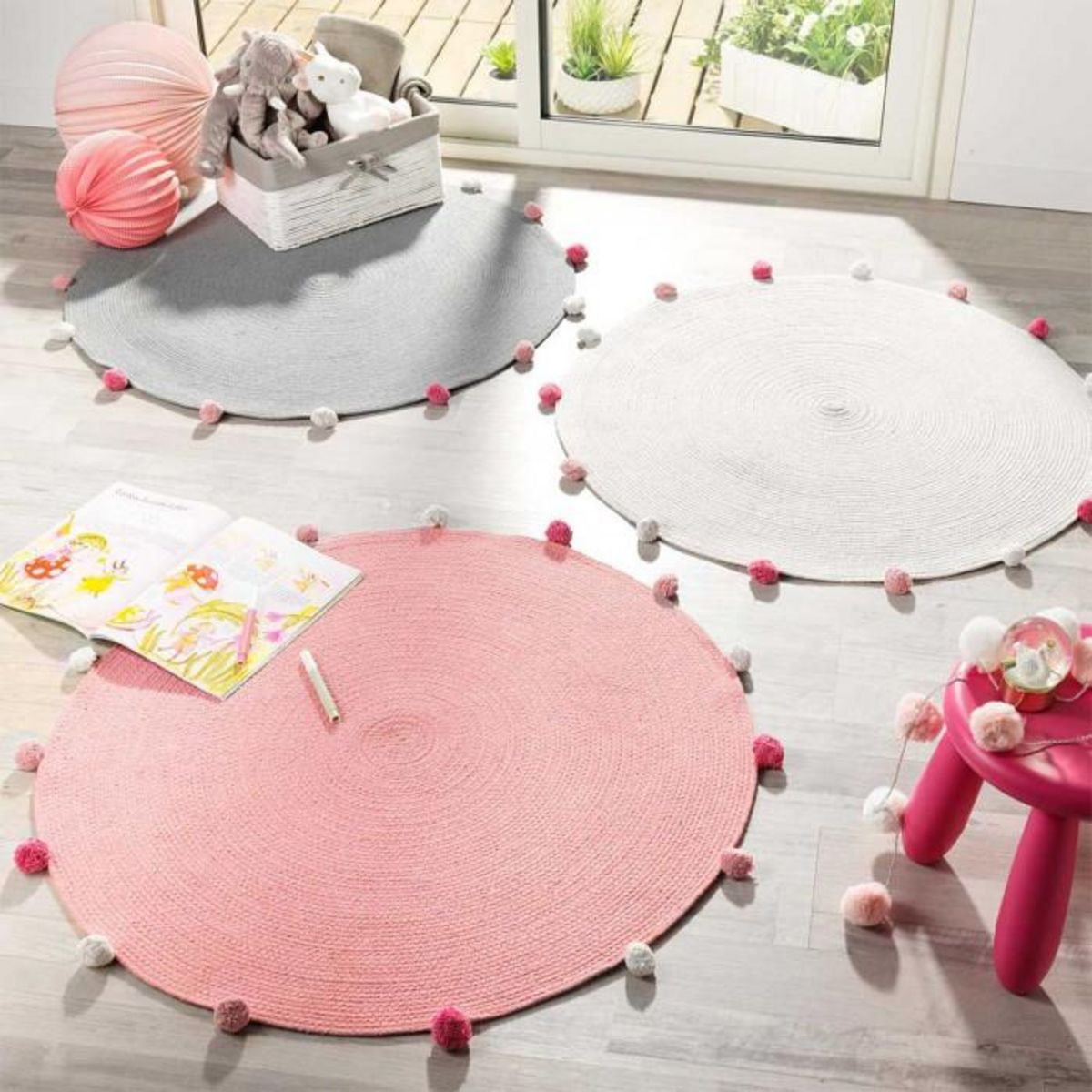 Paris Prix Tapis Rond Enfant  Pompomparty  90cm Gris
