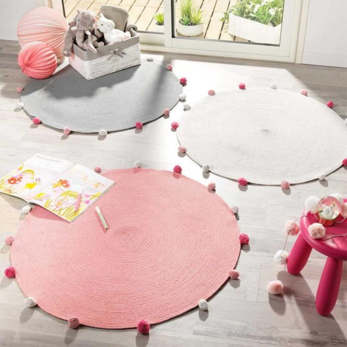 Paris Prix Tapis Rond Enfant  Pompomparty  90cm Gris