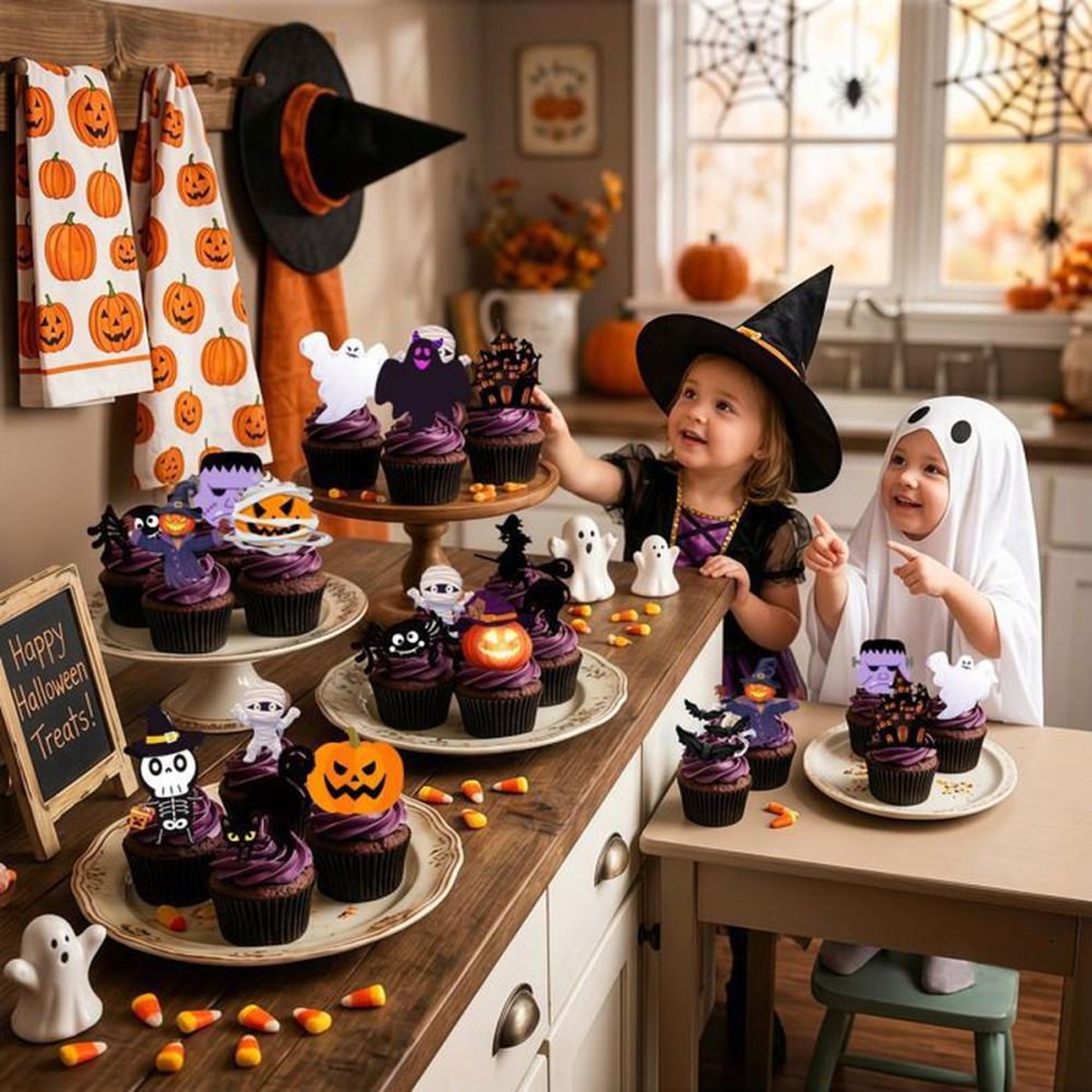 Voir la diapositive 5 : Décorations pour gâteau Halloween, mini toppers et petits drapeaux multicolores INBOXXARTY, 42 pièces