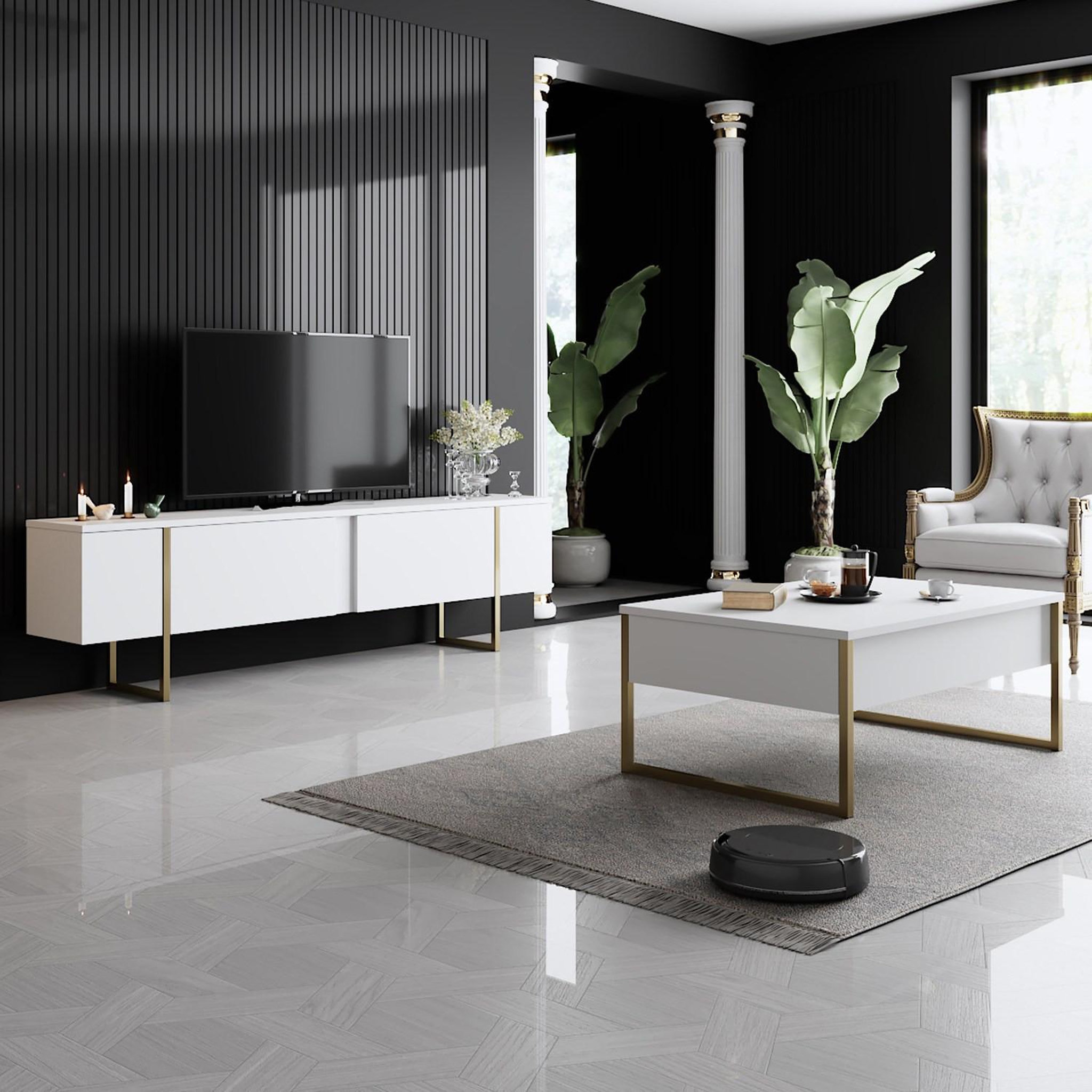 Voir la diapositive 3 : Habitat et Jardin Meuble tv en bois  luxe  - 180 x 30 x 50 cm - or blanc