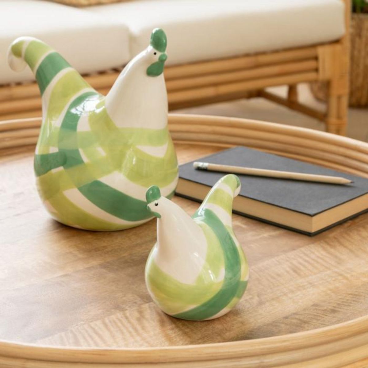 Paris Prix Lot de 3 Statuettes Coqs  Lignes  25cm Vert