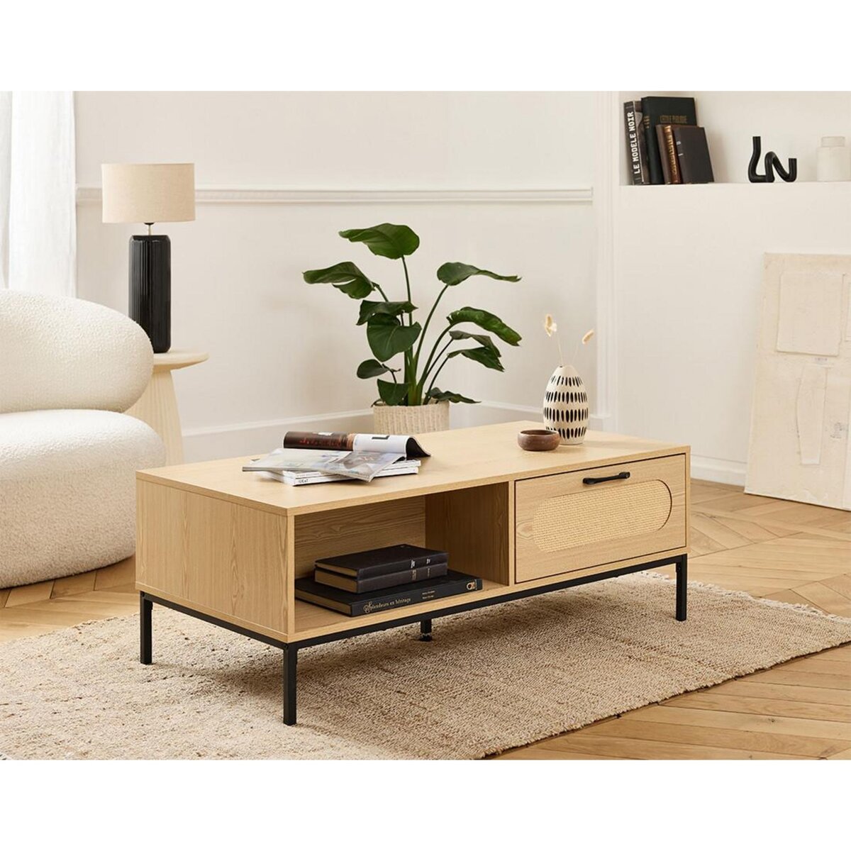BEST MOBILIER Nagato - table basse - cannage et effet bois - 1 tiroir et 1 niche - 110 cm