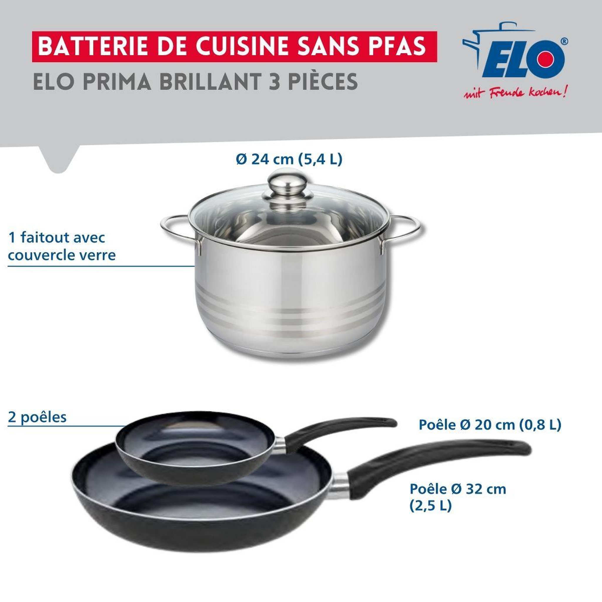 Voir la diapositive 2 : ELO Ensemble de 2 poêles de cuisson 20 et 32 cm et 1 faitout 24 cm elo prima brillant