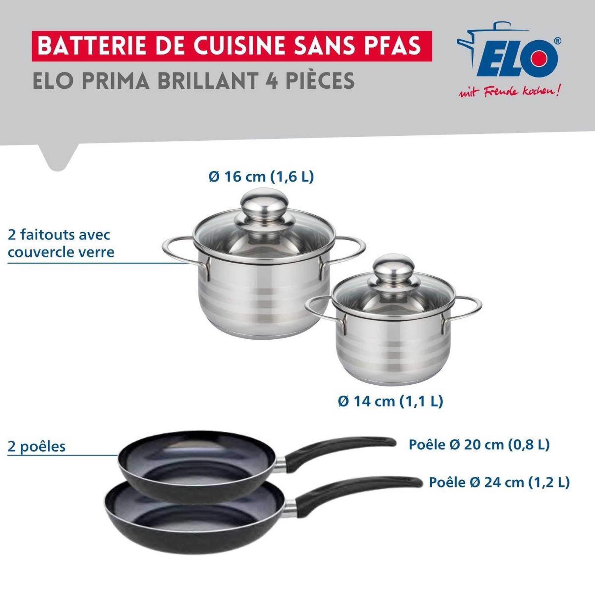 Voir la diapositive 2 : ELO Ensemble de 2 poêles de cuisson 20 et 24 cm et 2 faitouts 14 et 16 cm elo prima brillant