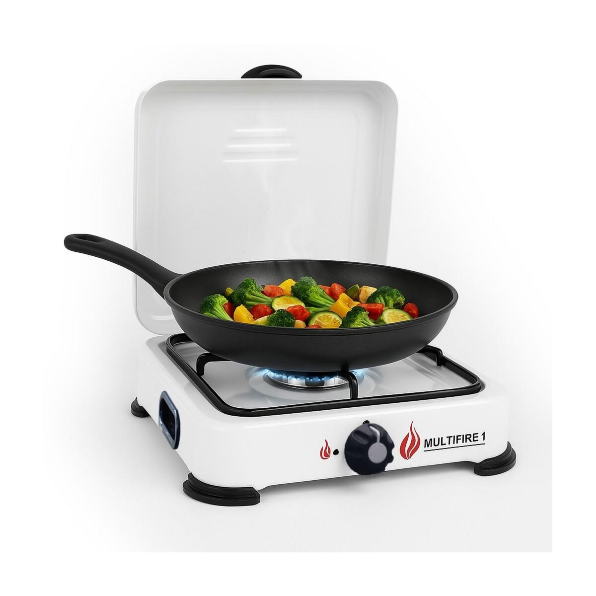 INTEC Réchaud à gaz 1 feu 1500W Brûleur fonte amovible Lavable Gaz butane ou propane Blanc laqué Grille Couvercle GOLD