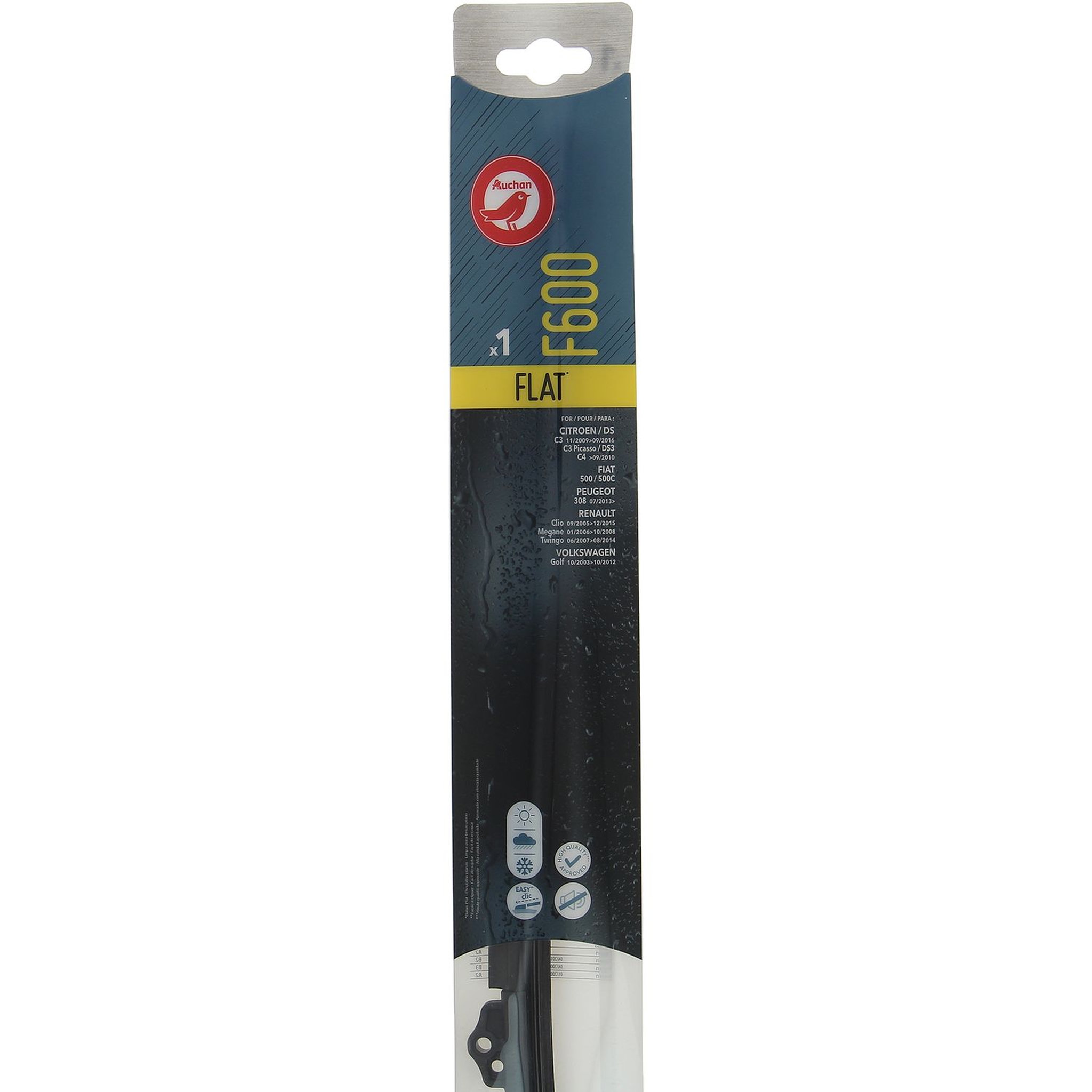 Voir la diapositive 2 : AUCHAN Balai d'essuie-glace plat F600 60cm pour CITROËN / DS FIAT PEUGEOT RENAULT VOLKSWAGEN
