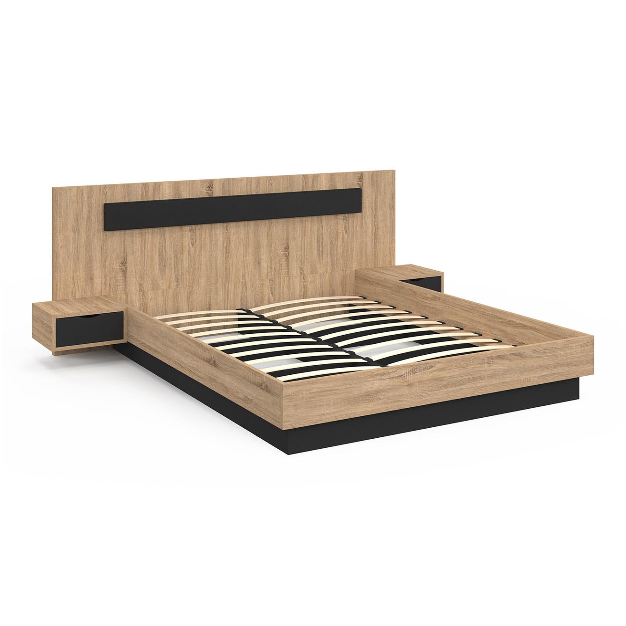 Voir la diapositive 4 : ID MARKET Lit double santa avec tête de lit + tables de chevet intégrées et sommier 160 x 200 cm bois et noir