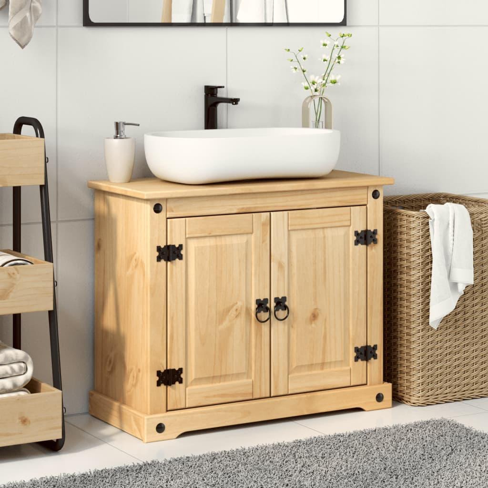 Voir la diapositive 3 : VIDAXL Armoire lavabo de salle de bain  bois de pin massif