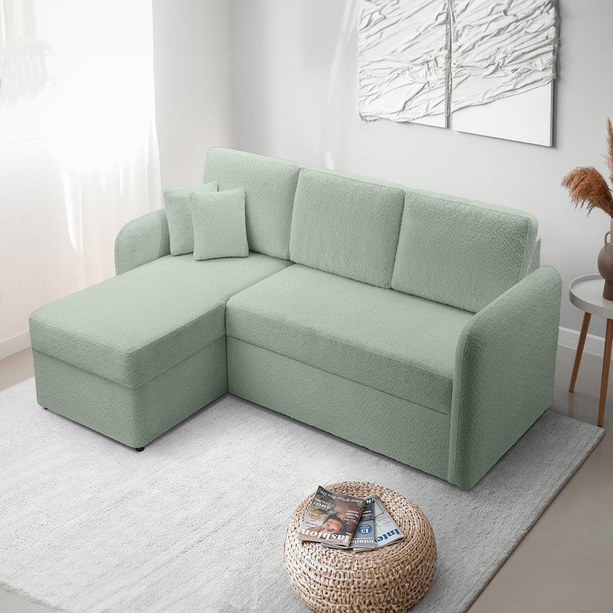 Voir la diapositive 1 : BEST MOBILIER Pocatello - canapé d'angle réversible 4 places - convertible avec coffre - en tissu bouclette