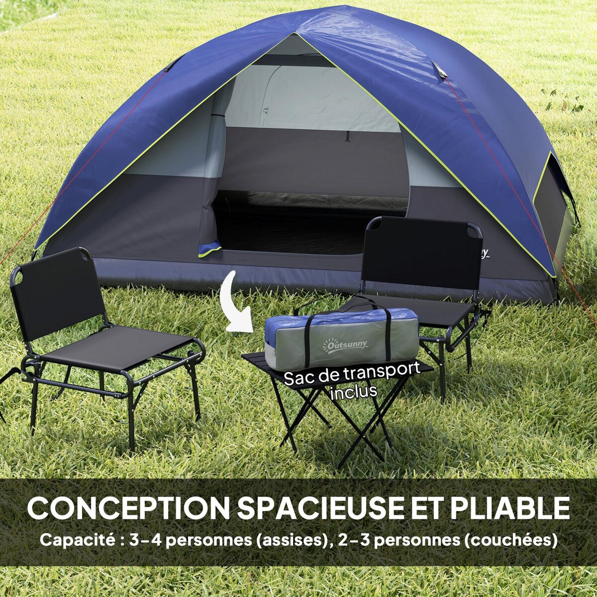 OUTSUNNY Tente de camping 2-4 personnes - fenêtre, 2 poches, port d'alimentation, sac de transport - bleu foncé