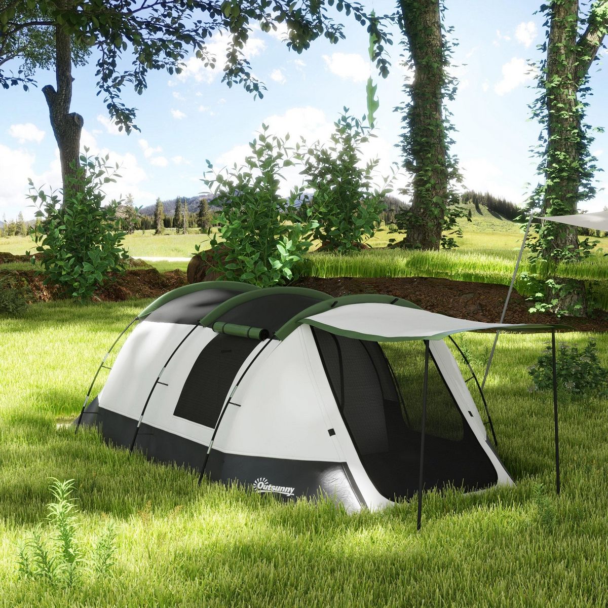 OUTSUNNY Tente de camping familiale 3-4 pers. - tente tunnel porche étanche 2000 mm - sac de transport inclus - gris