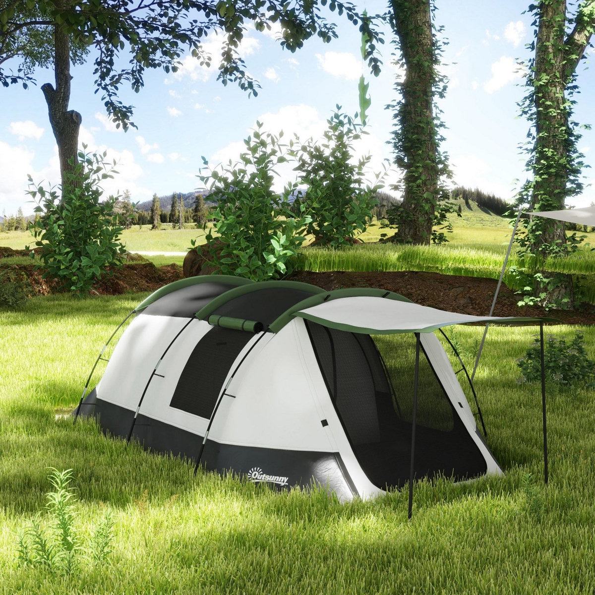 OUTSUNNY Tente de camping familiale 3-4 pers. - tente tunnel porche étanche 2000 mm - sac de transport inclus - gris